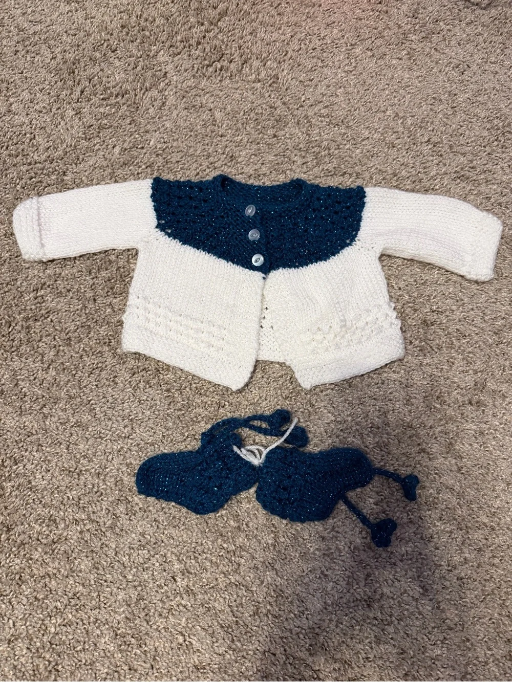 Hand-Knit Baby Cardigan & Booties - White and sparkling blue/teal